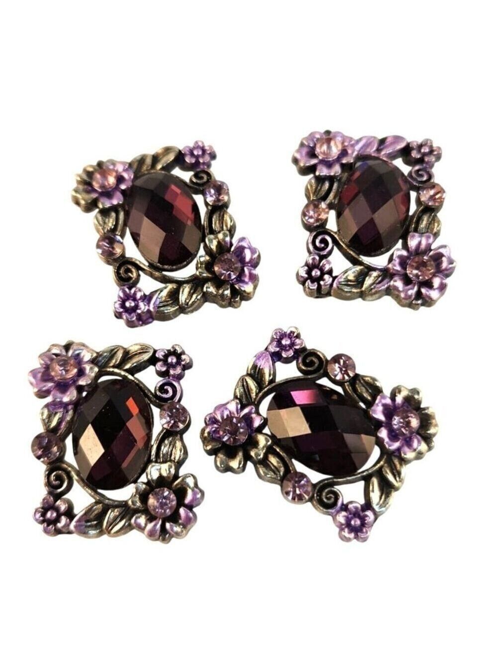 Floral Metal & Purple Gem Design Slider Beads Buckles Set Of 4 Rectangle Shape E